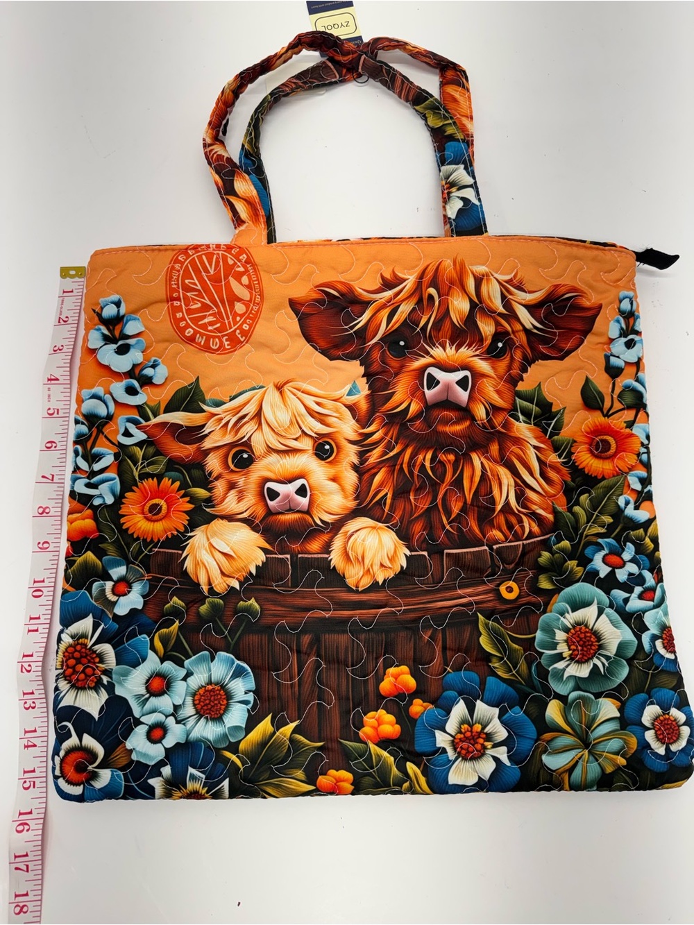 Quilted Orange Floral Highland Cow Tote Bag